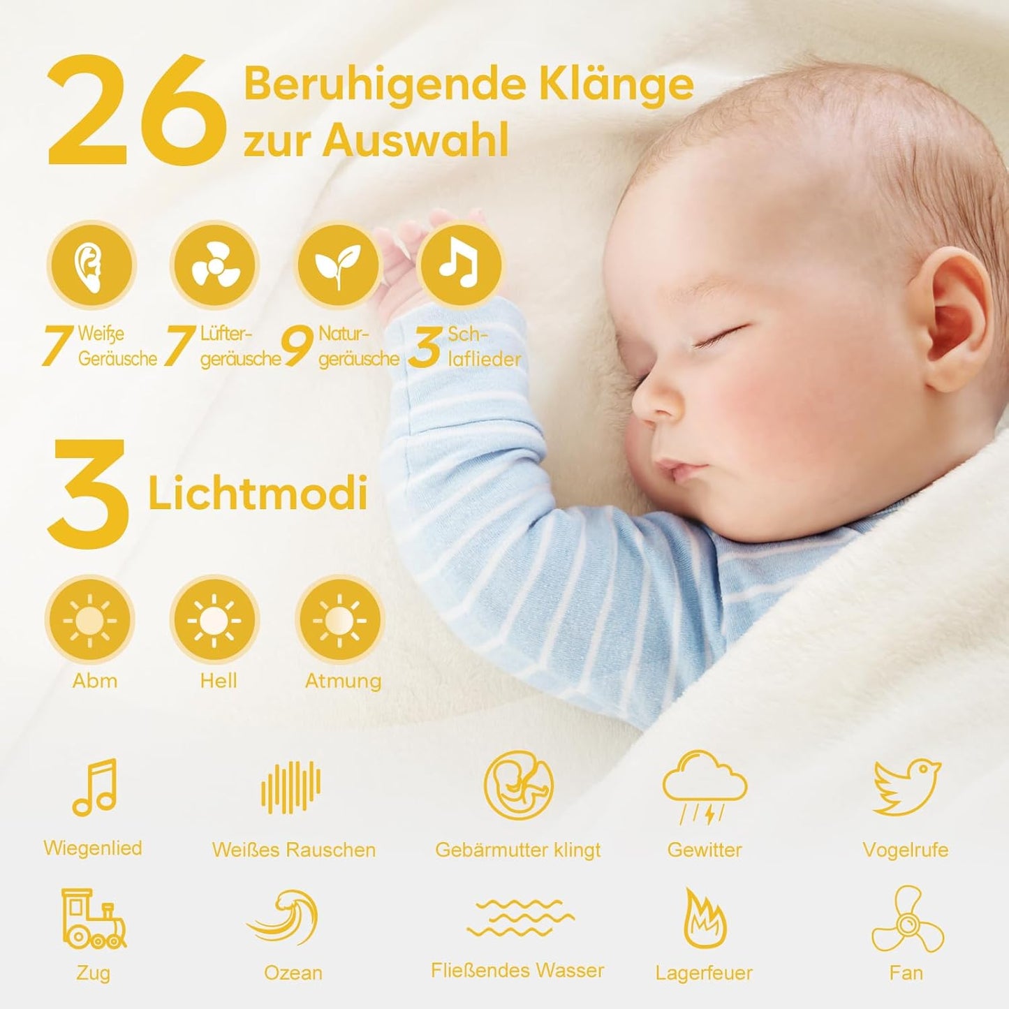 Tragbare Einschlafhilfe mit Naturgeräuschen & Nachtlicht, Weiss – 26 Geräusche