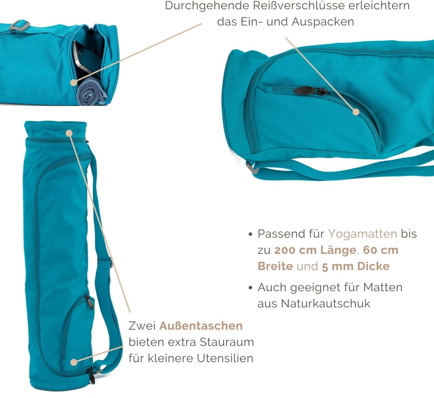 Yogatasche für Matte & Zubehör (spritzwassergeschützt), Türkis 60 cm