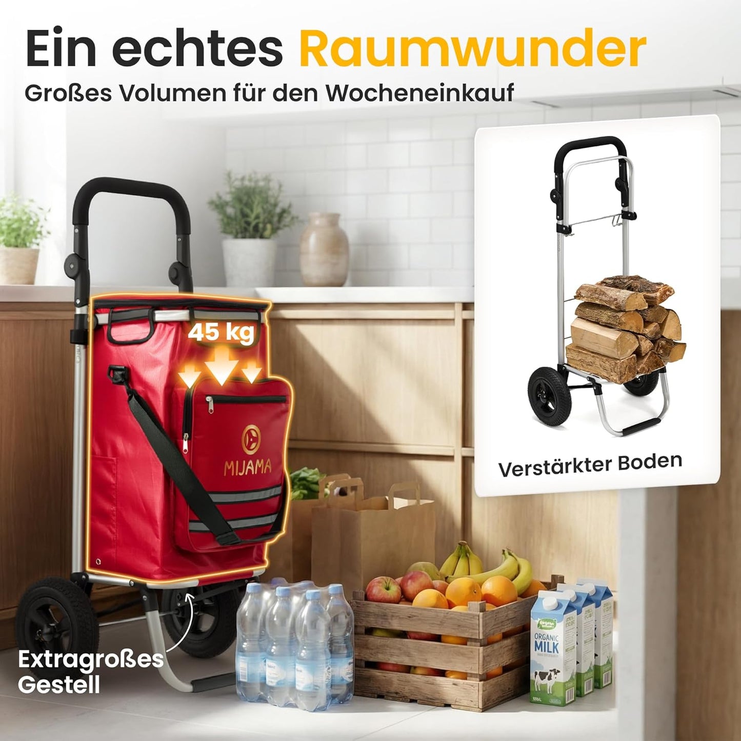 Klappbarer Einkaufstrolley mit Lufträdern & Kühlfach, Bordeauxrot