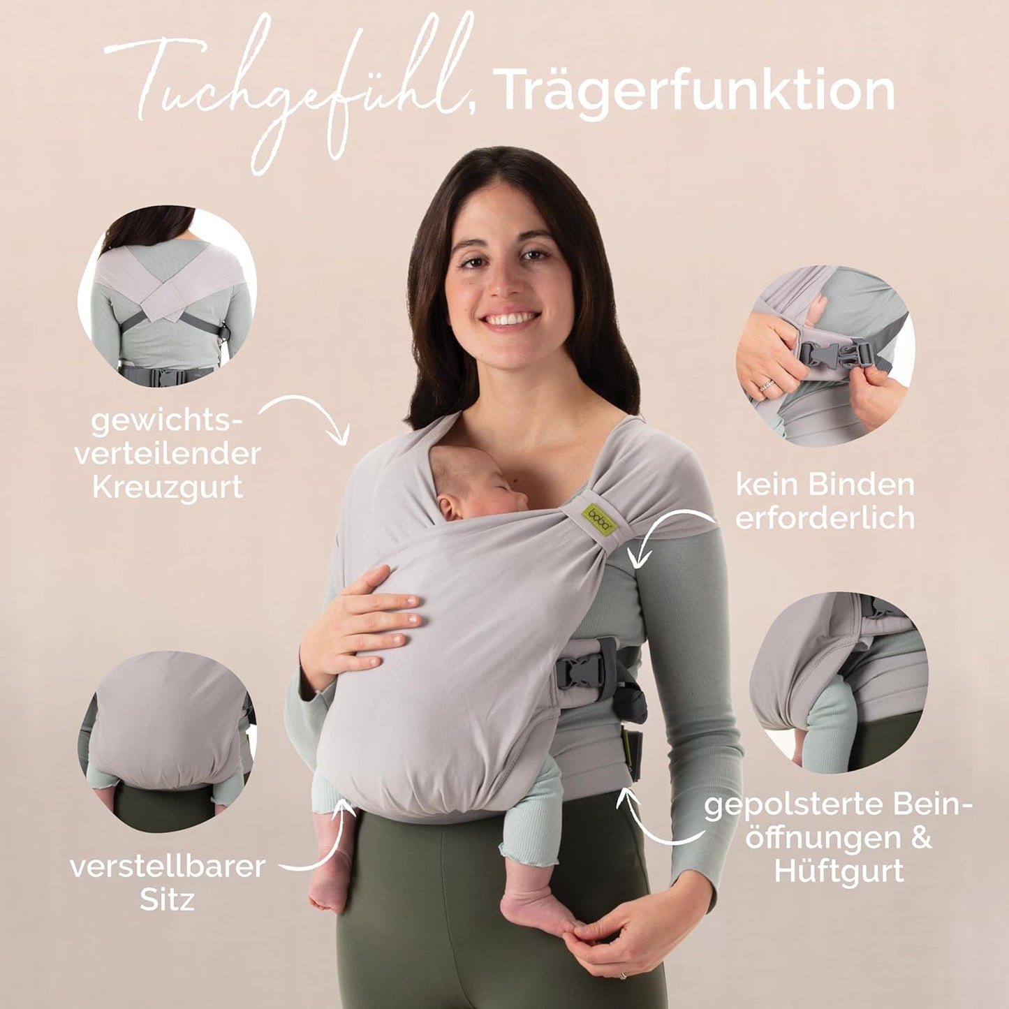 2-in-1 Babytrage & Tragetuch ab Geburt, Grau