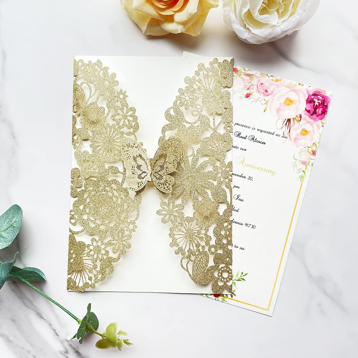 Blanko-Glitzer-Hochzeitseinladungen-Set (20 Stück), 20 Stück Leeres Papier Champagner Gold Glitzer