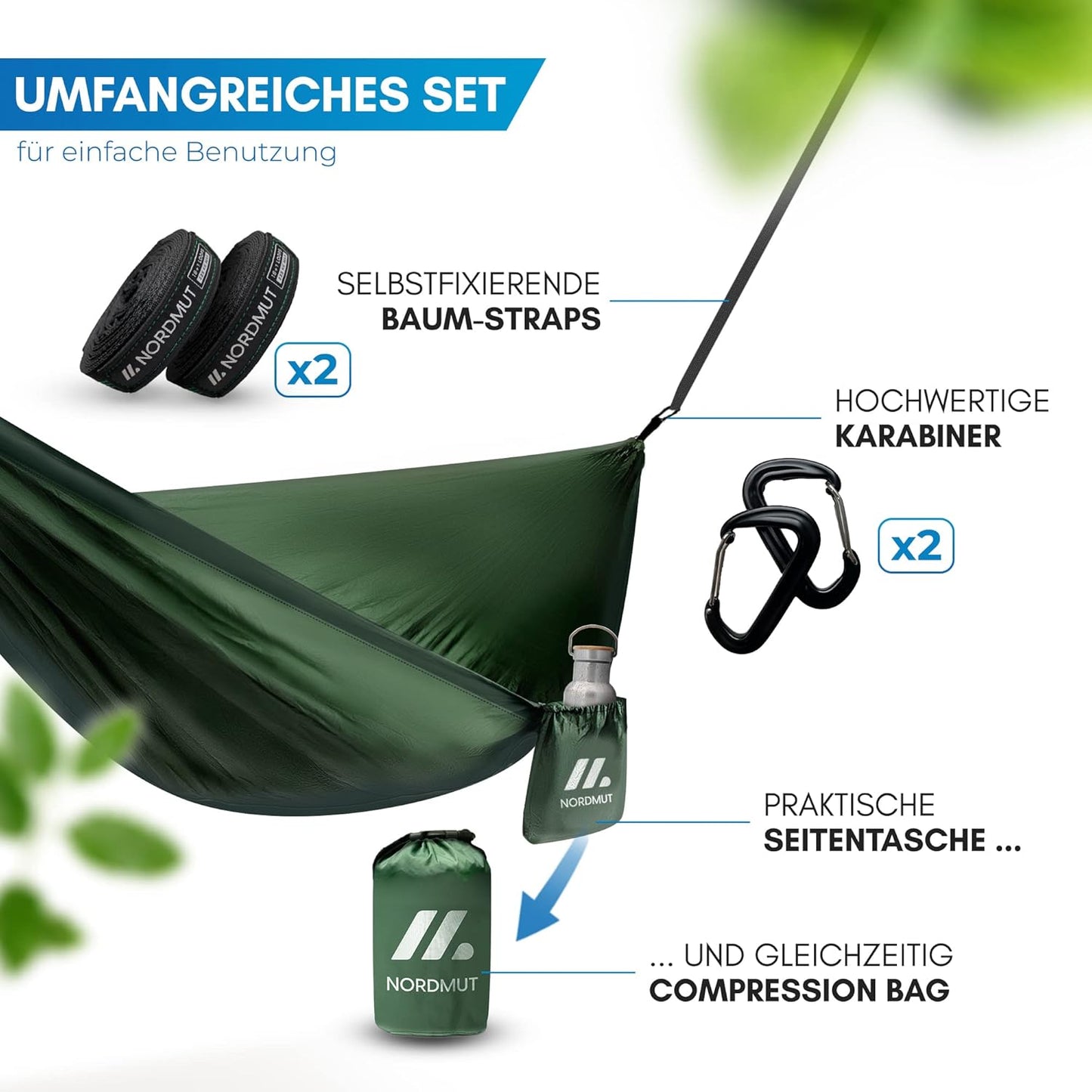 Hängematte mit Befestigungs-Set, 140x275cm Grün