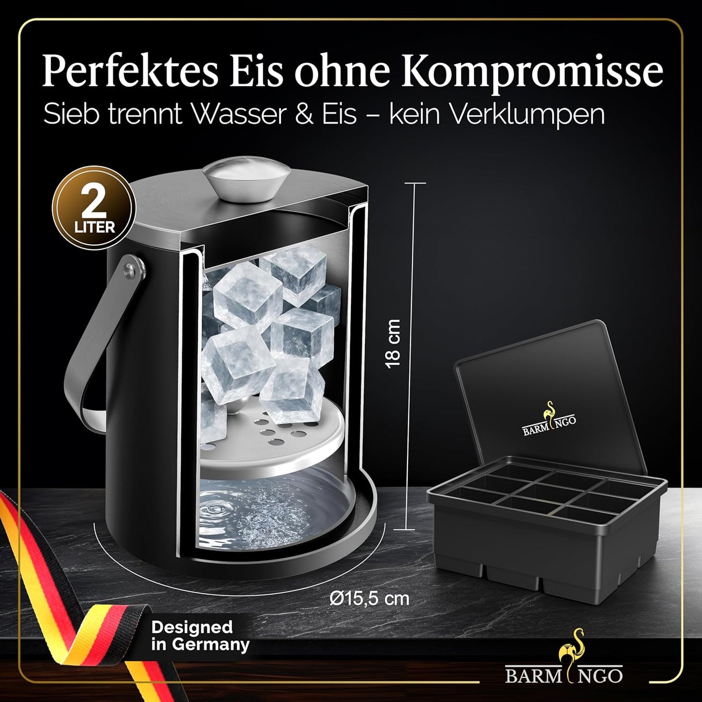 Eiswürfelbehälter mit Deckel, Schwarz-Silber