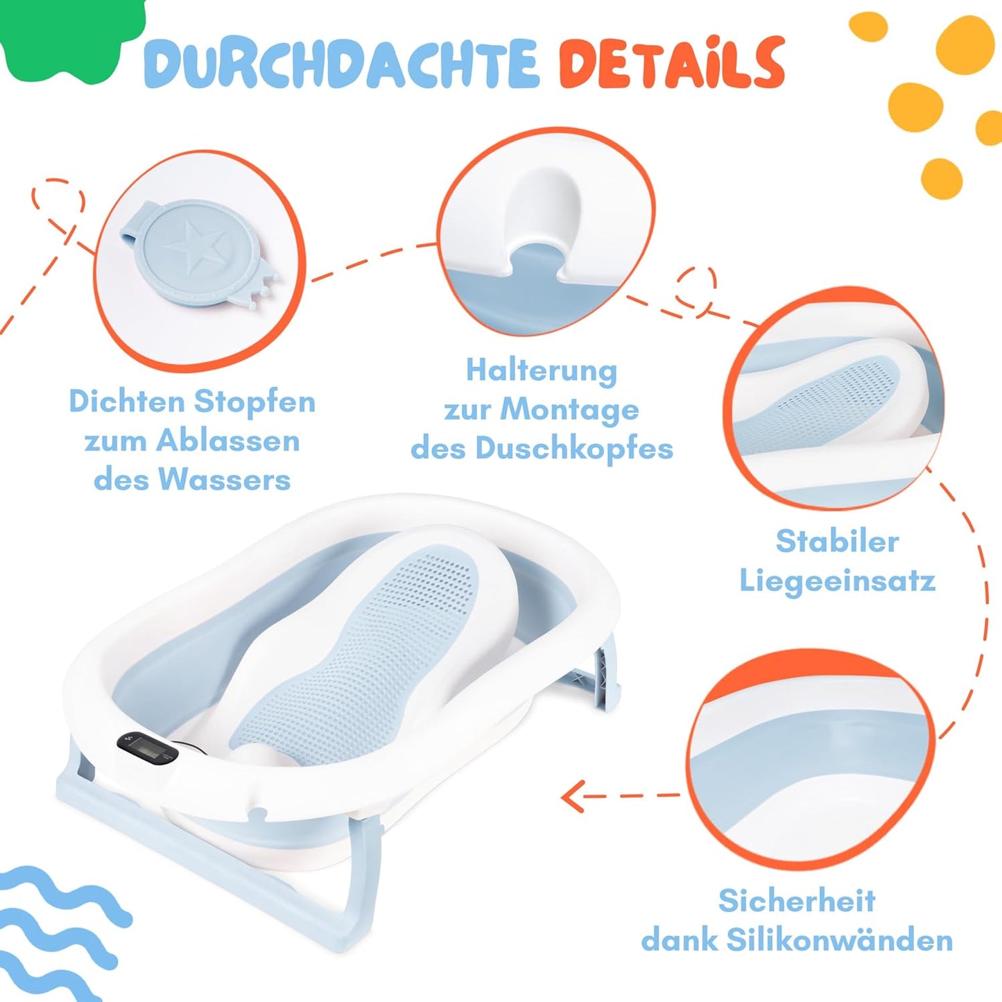 Faltbare Babybadewanne, Blau ohne Ständer mit Badesitz