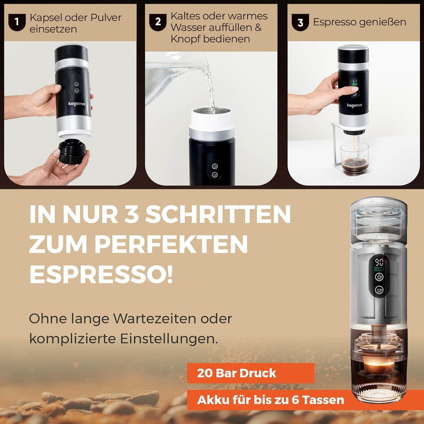 Tragbare Espressomaschine mit Akku und USB-C, Schwarz