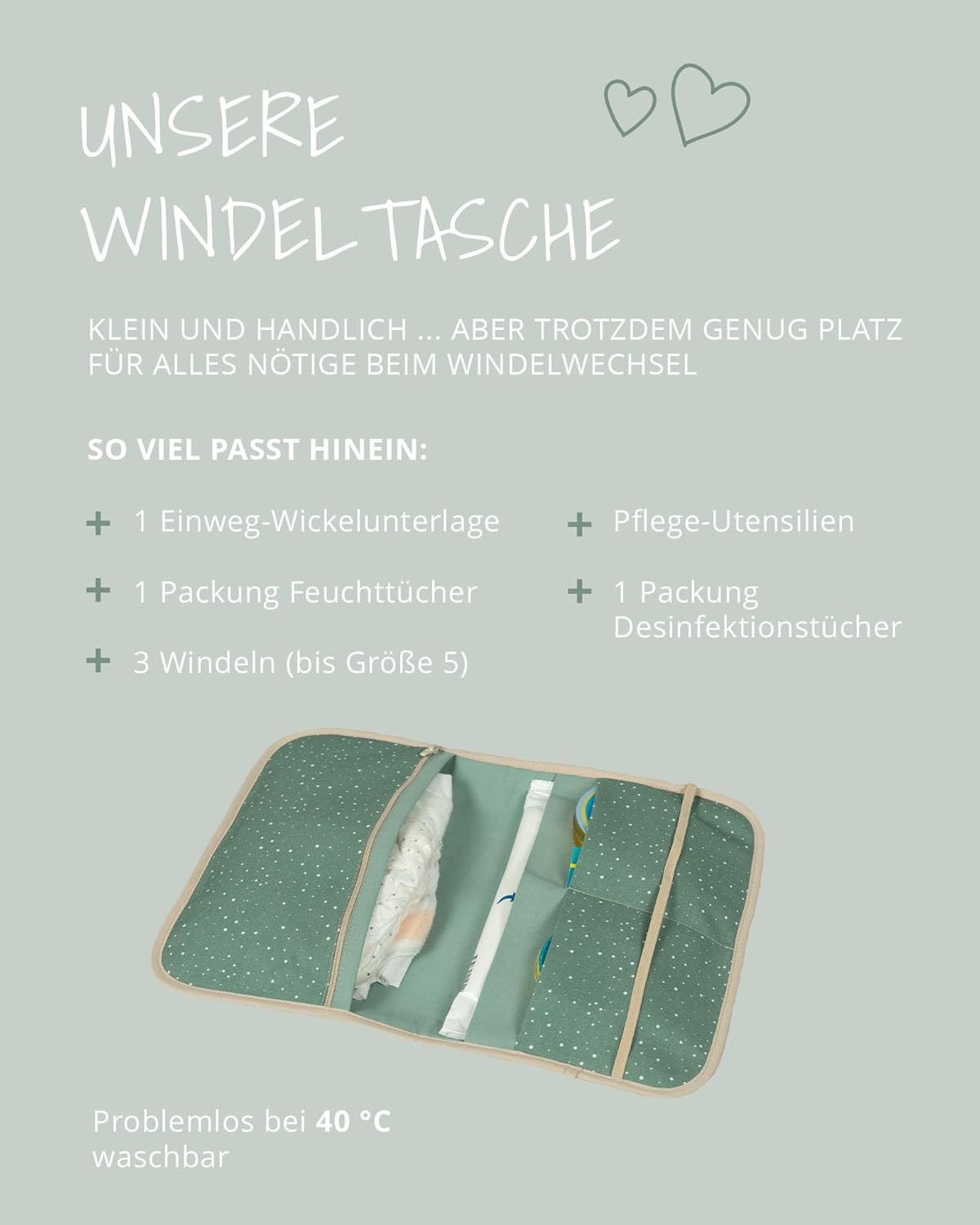 Windeltasche für unterwegs mit Reissverschluss & Gummiband, Classic Grün 18 x 27 cm
