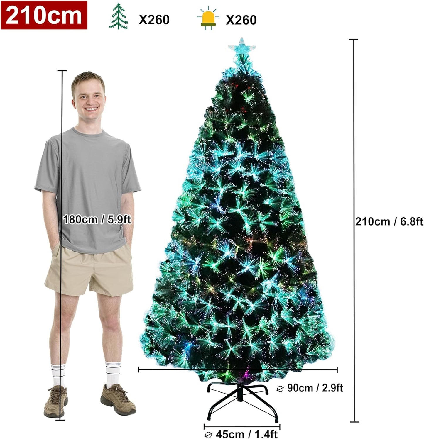 Künstlicher Weihnachtsbaum mit 260 LEDs, 210cm, Led Glasfaser Weihnachtsbaum