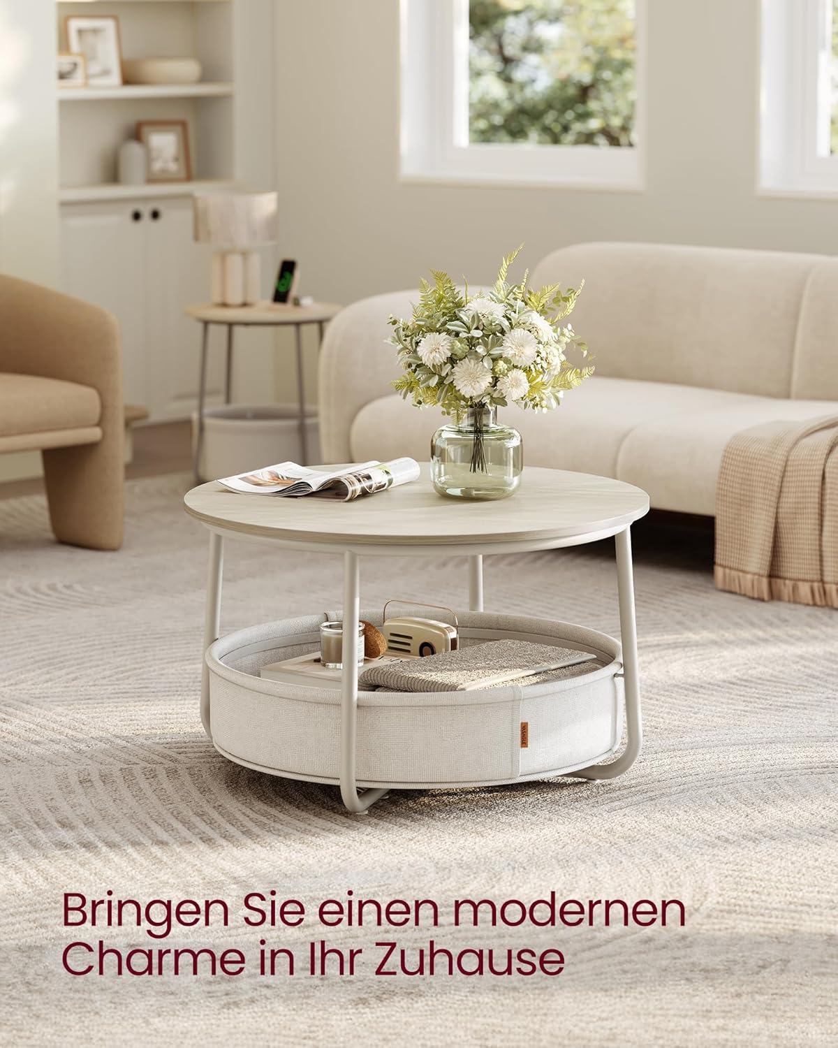 Runder Couchtisch mit Stauraum und Stoffkorb, Naturbeige + Cremeweiss rund
