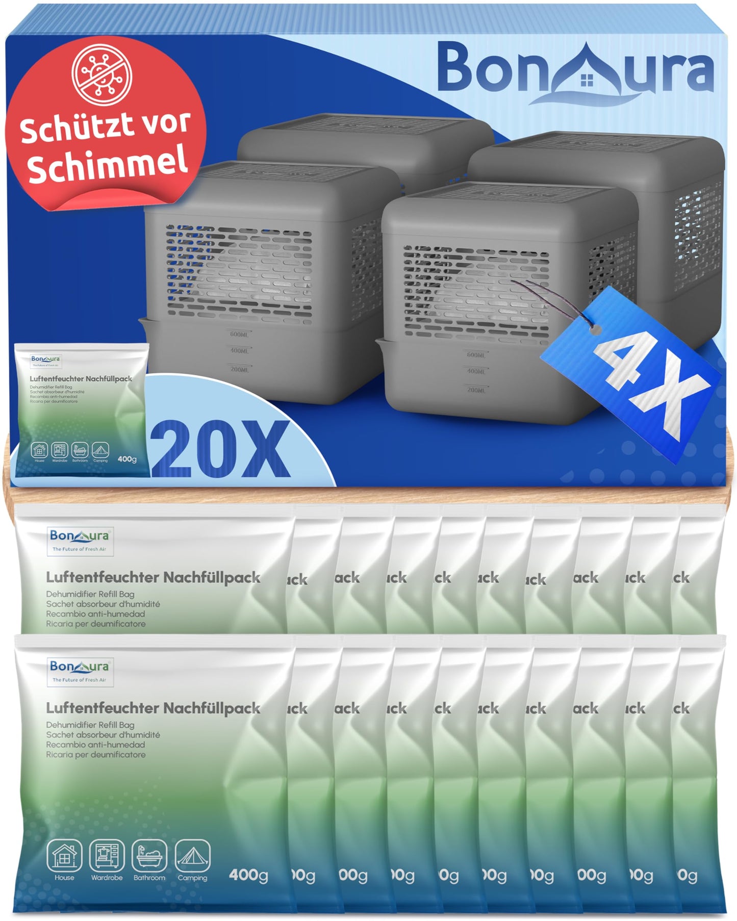 4er-Set Luftentfeuchter ohne Strom, 4 x Entfeuchter + 20 x Granulat