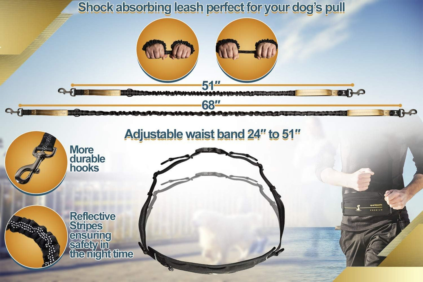 2 in 1 Joggingleine für Hunde mit Doppelgriff, Stossdämpfer und Bauchgurt, Premium-Gold Für ein Hund