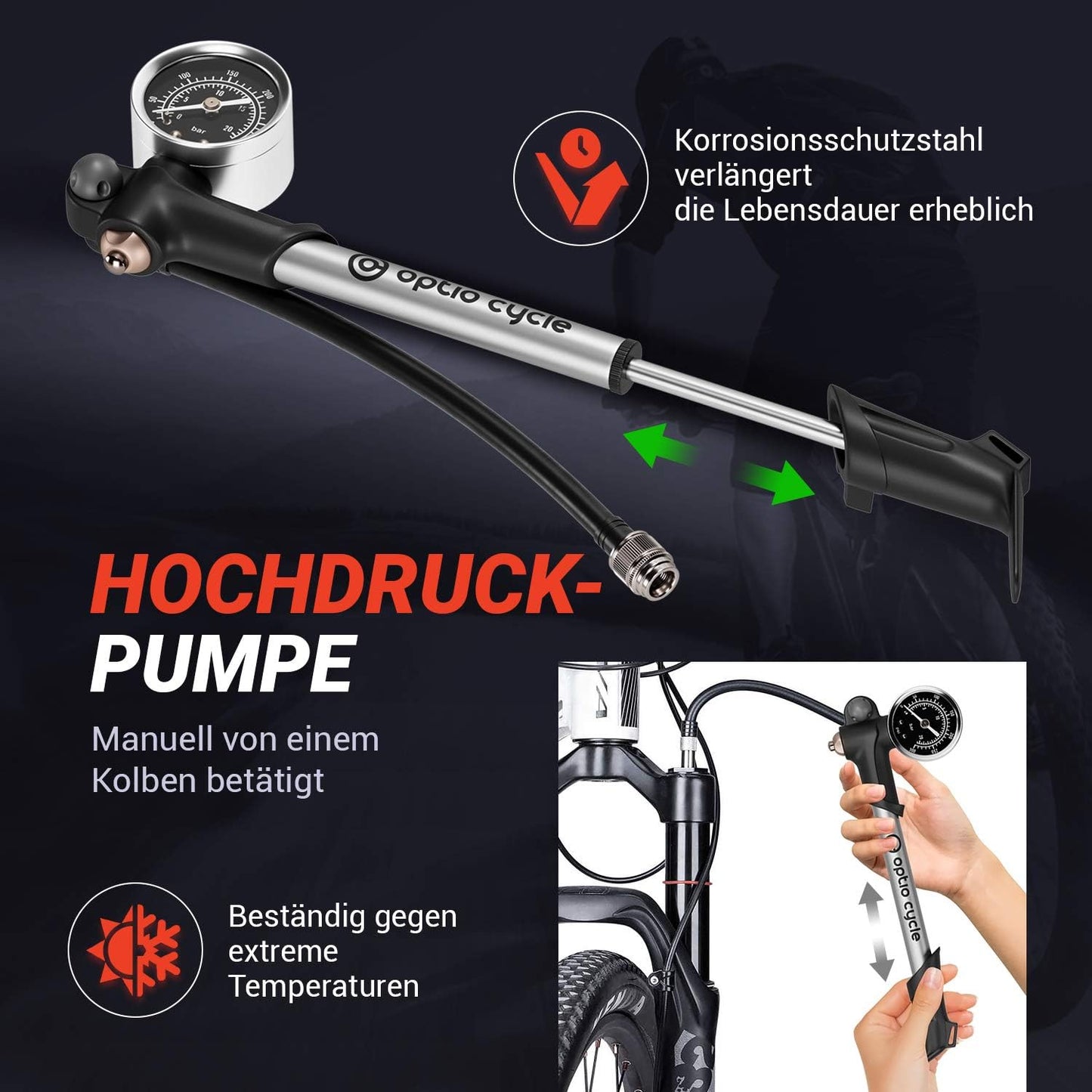 Hochdruck-Dämpferpumpe mit Manometer für Mountainbikes, 300 PSI / 20 Bar