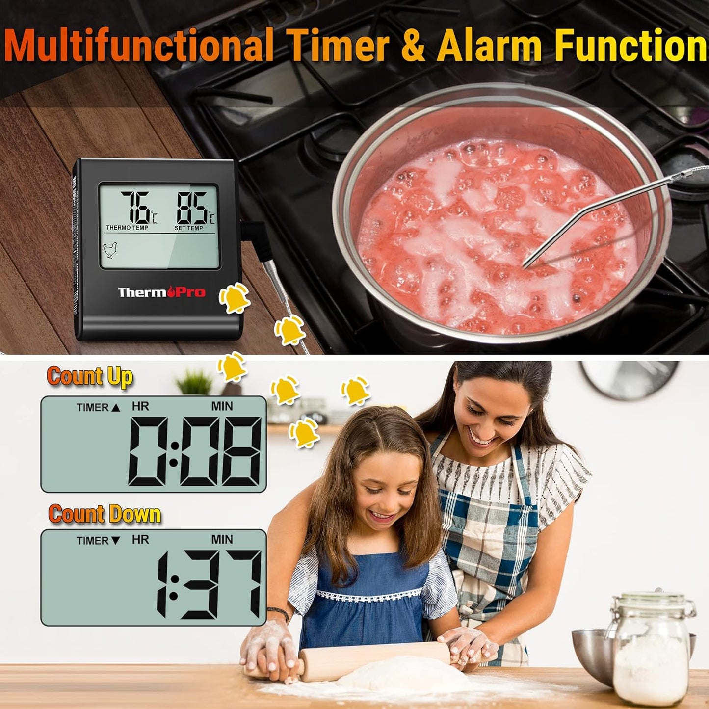 TP16 Fleischthermometer mit Timer für BBQ und Grill, Schwarz