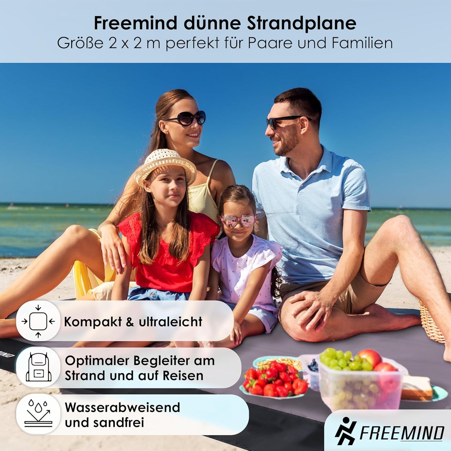 Ultraleichte Picknick- und Stranddecke, 2x2 m, Grau-schwarz 2x2 M