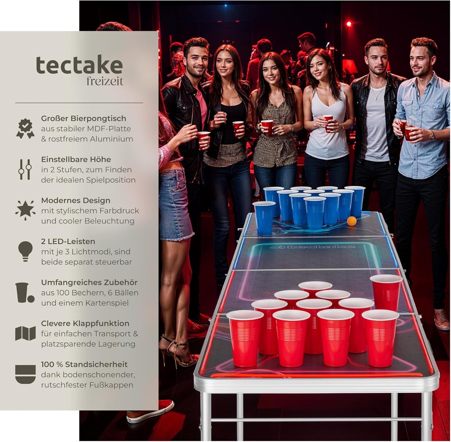 Bierpongtisch BeerWars I, LED-Beleuchtung, inkl. Kartenspiel, BeerWars I