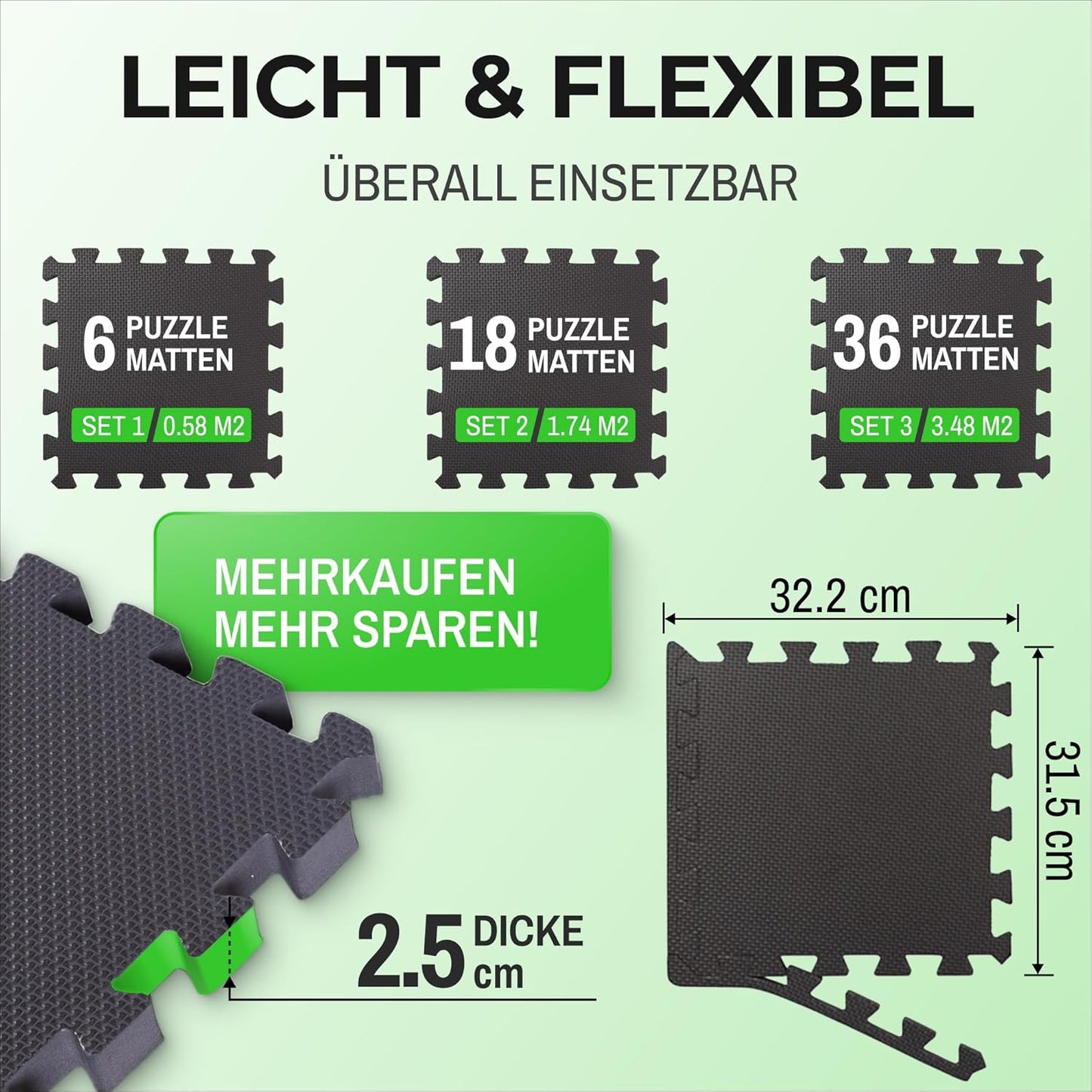 Puzzlematte Fitness Bodenmatte Set, 36 Stück = 3.48 M² - Anthrazit