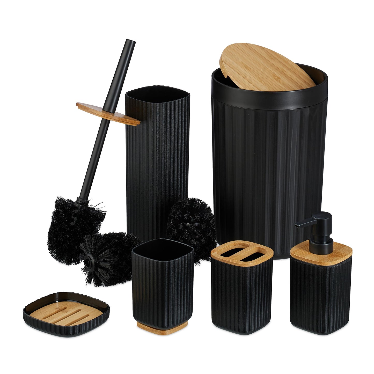 6-teiliges Badezimmer-Zubehörset, Schwarz/Natur