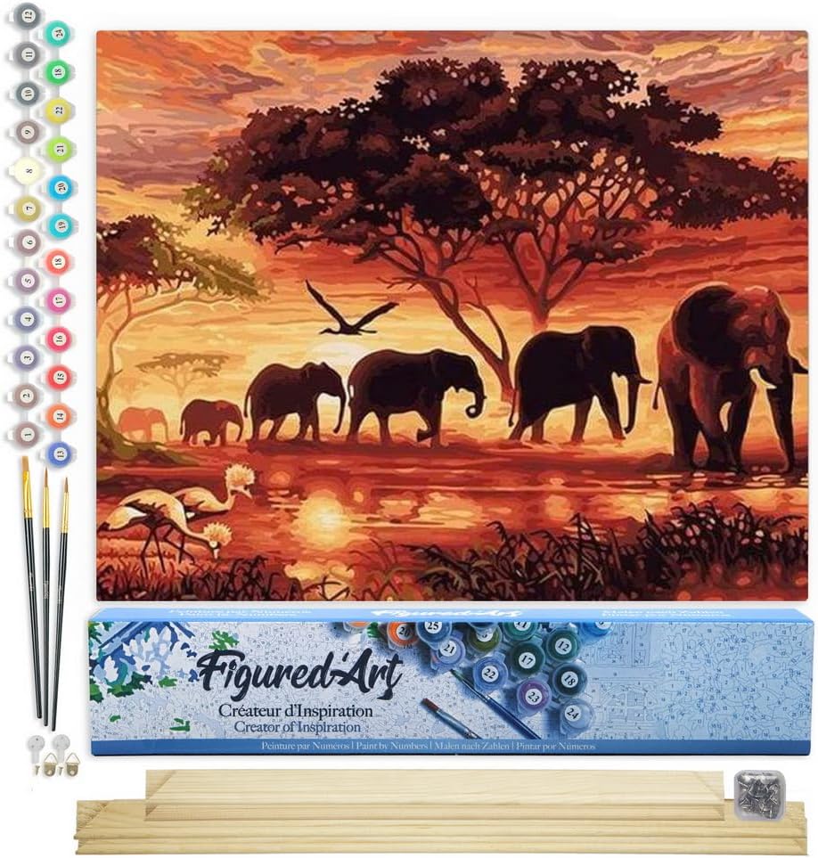 Malen Nach Zahlen Set Elefanten bei Sonnenuntergang, Elefanten bei Sonnenuntergang 40x50cm Mit Keilrahmen (nicht gespannt)