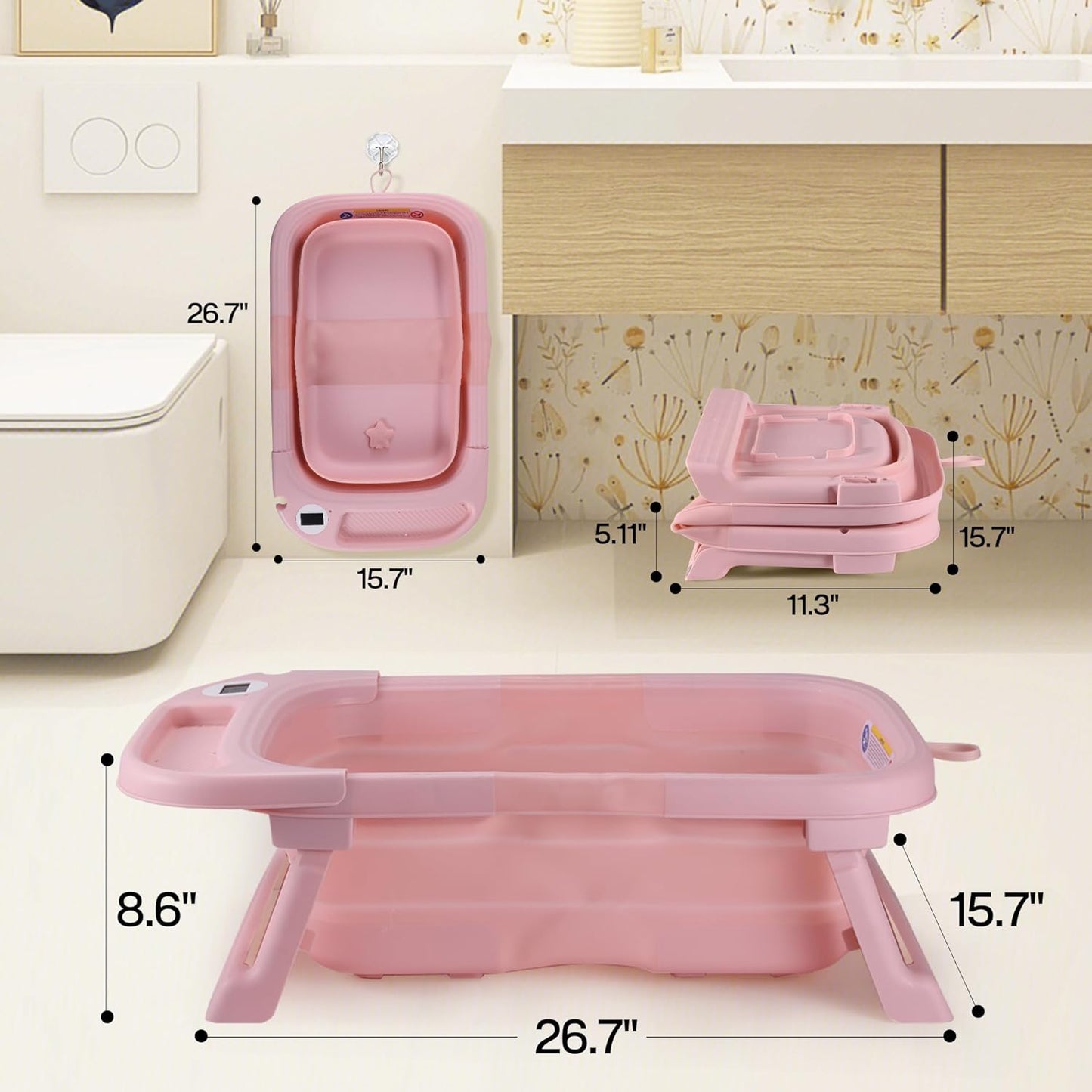 Faltbare Babywanne mit Thermometer, PINK+