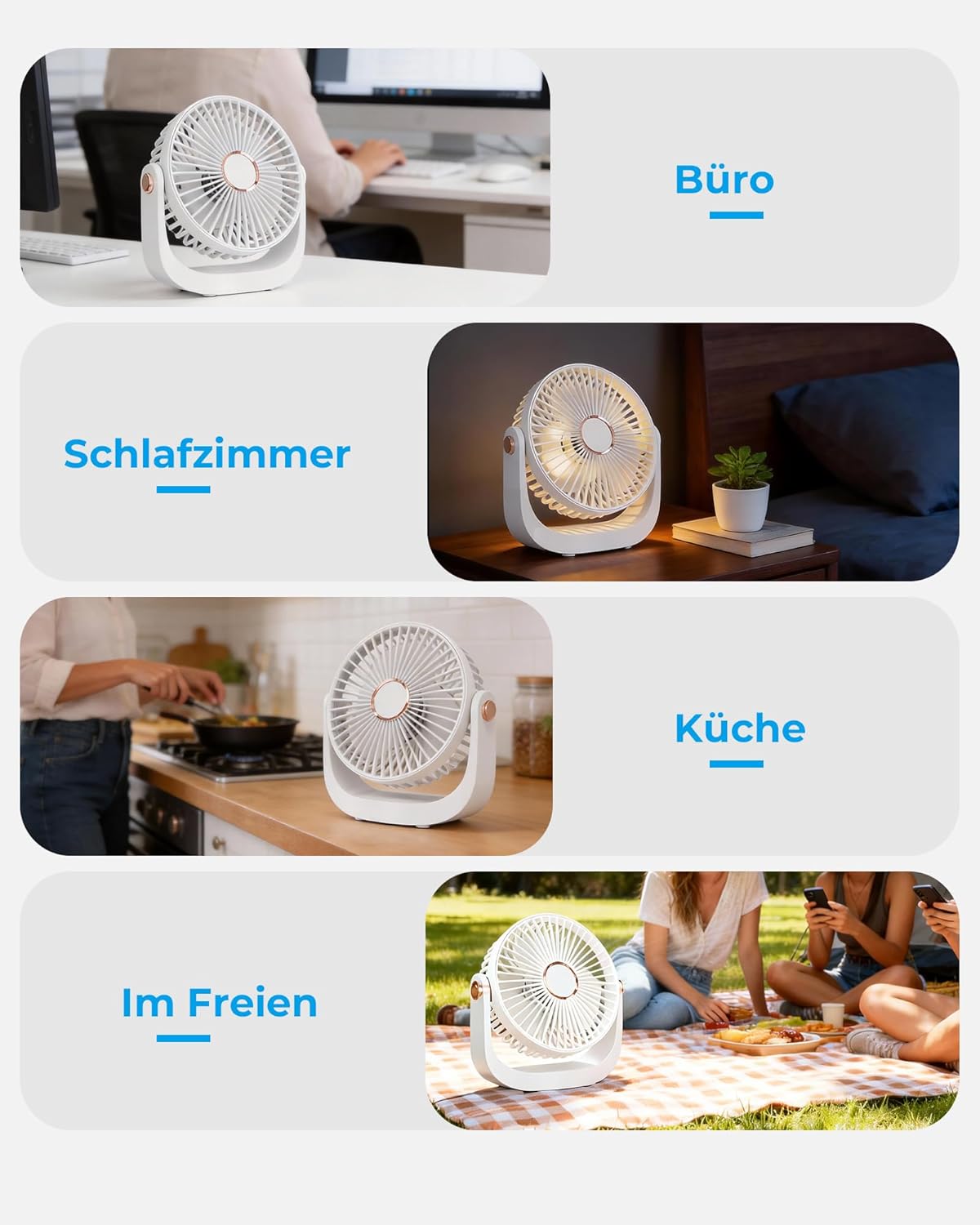 Leiser Tischventilator mit Nachtlicht und USB-Ladung, Weiss