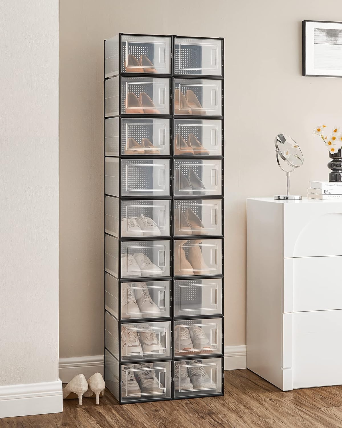 18er Set Stapelbare Schuhboxen, Transparent + Schwarz 18er Set für Schuhe bis Größe 46