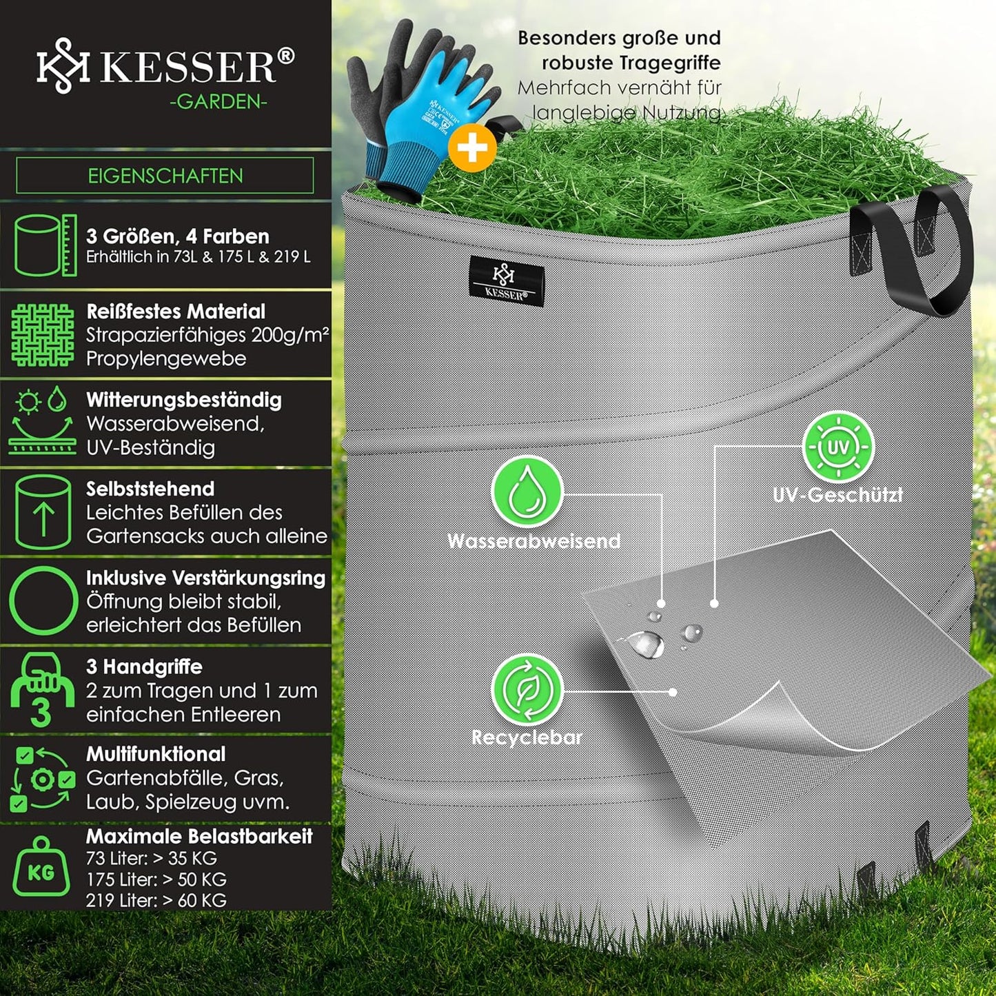 Pop-Up Gartensack mit 219 Liter Volumen, 1x 219 Liter Grau / Schwarz