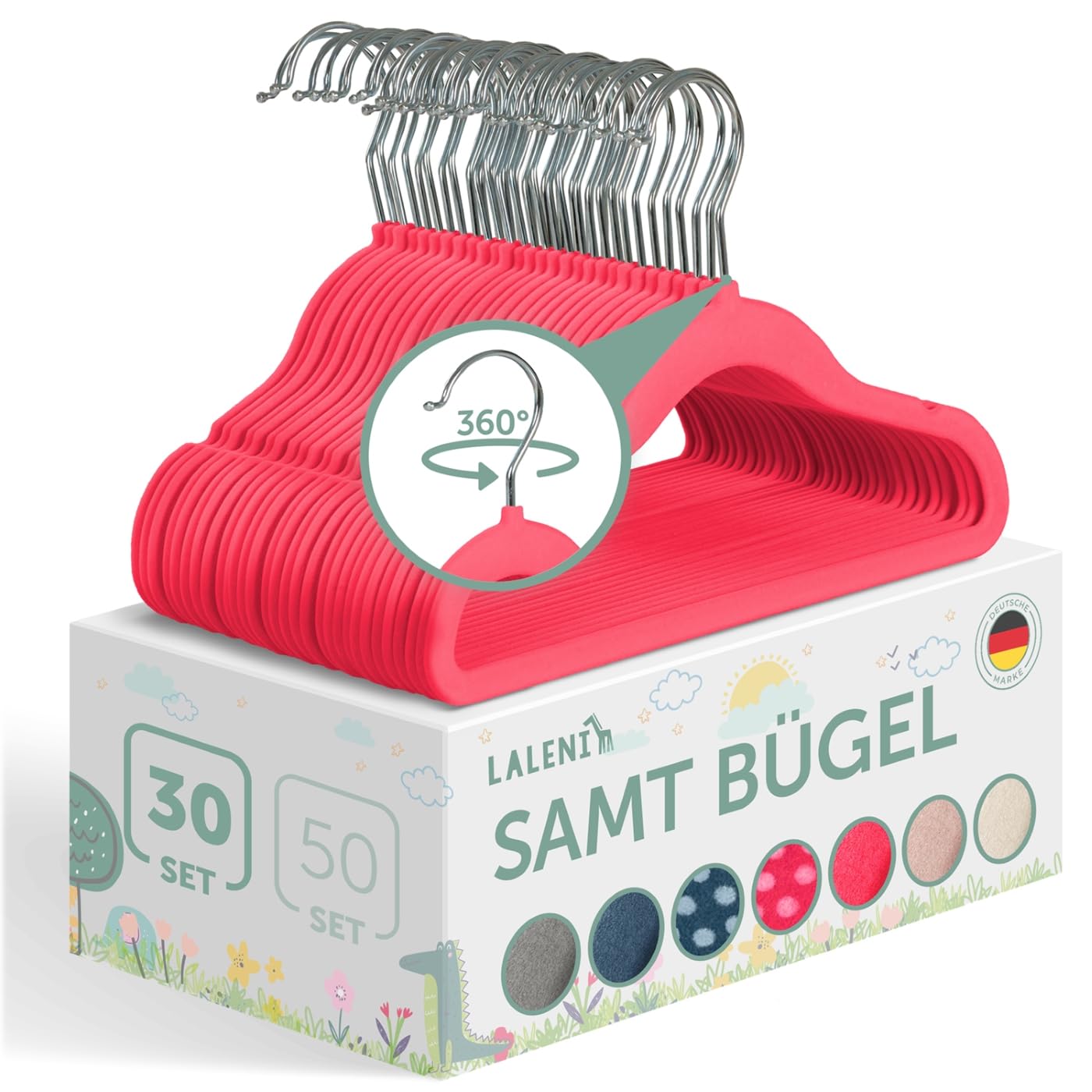 Kinder-Kleiderbügel-Set, Samt, rutschfest, drehbar (30 Stück), 30 Stück Pink