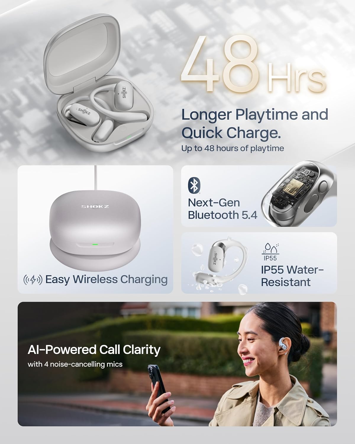 OpenFit 2+ Open-Ear-Kopfhörer, Typ-C-Laden &kabelloses Laden+ Dolby Audio Grau