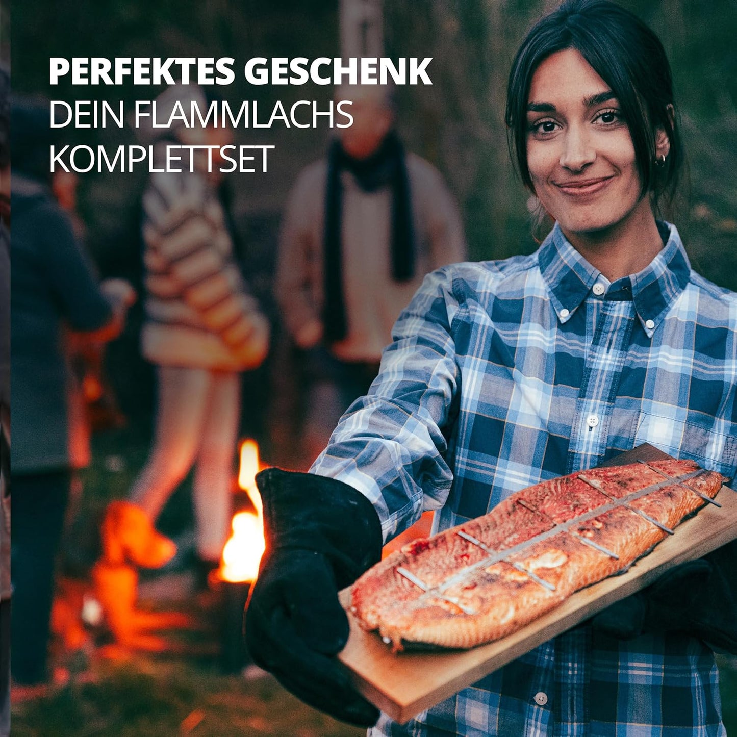 Flammlachsbrett mit Edelstahlhalterung, 2er Set Geschenkset - Weiß