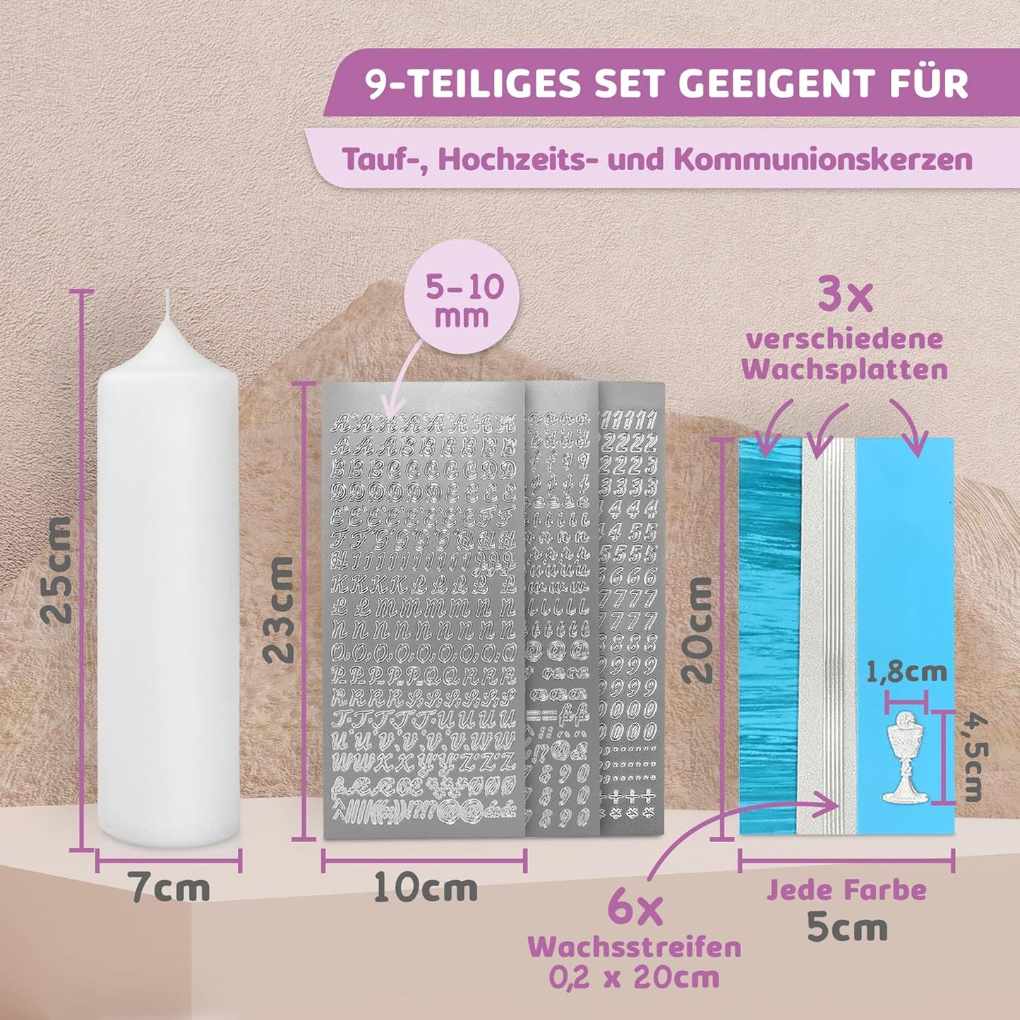 Taufkerze Bastelset mit Buchstaben und Wachsmotiven, Türkis mit Kelch Kerze 25x7 cm | Weiss