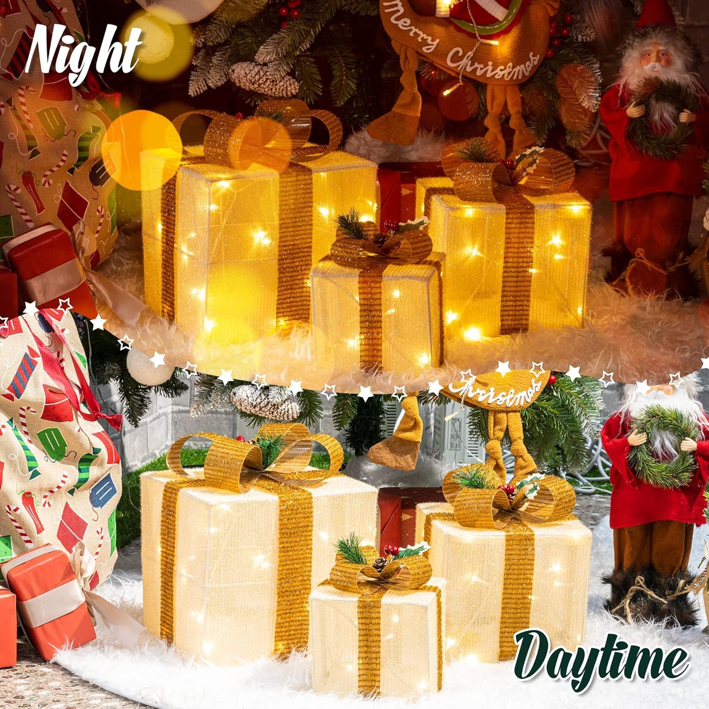 3er-Set LED-Weihnachts-Geschenkboxen, Golden