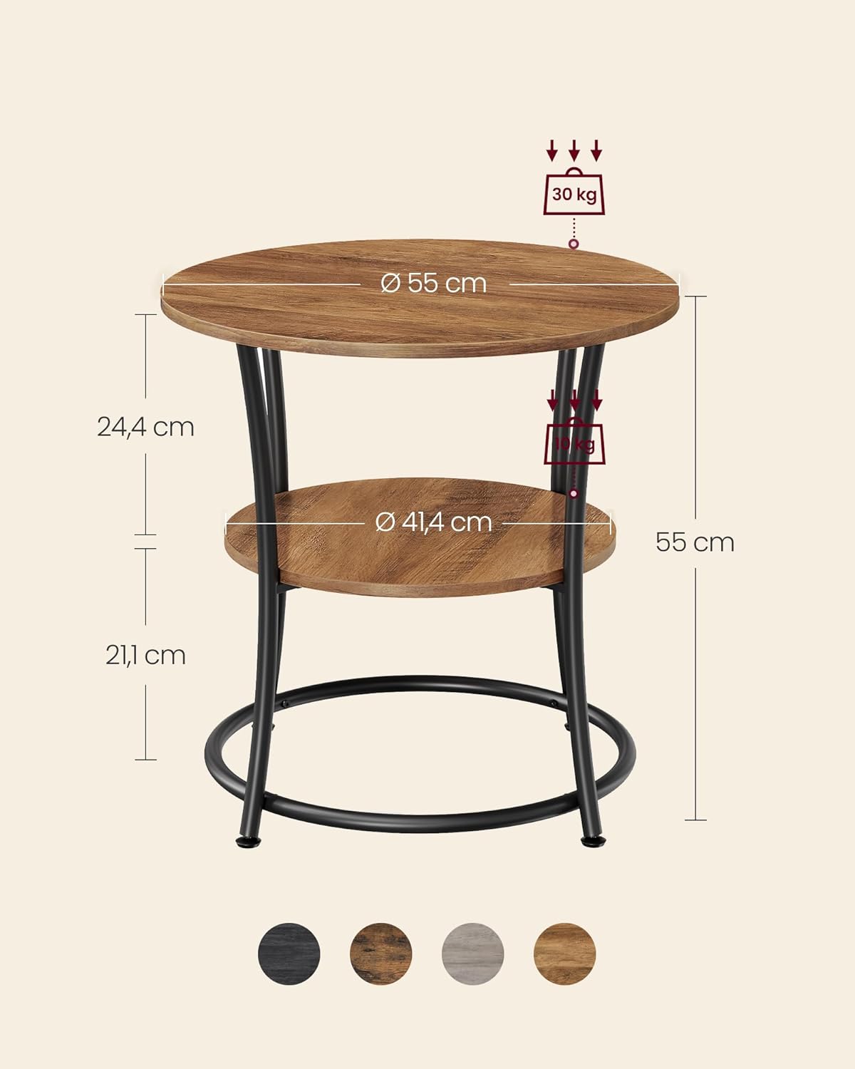 Runder Couchtisch im Industrie-Design und 2 Ablagen, Walnussbraun + Schwarz