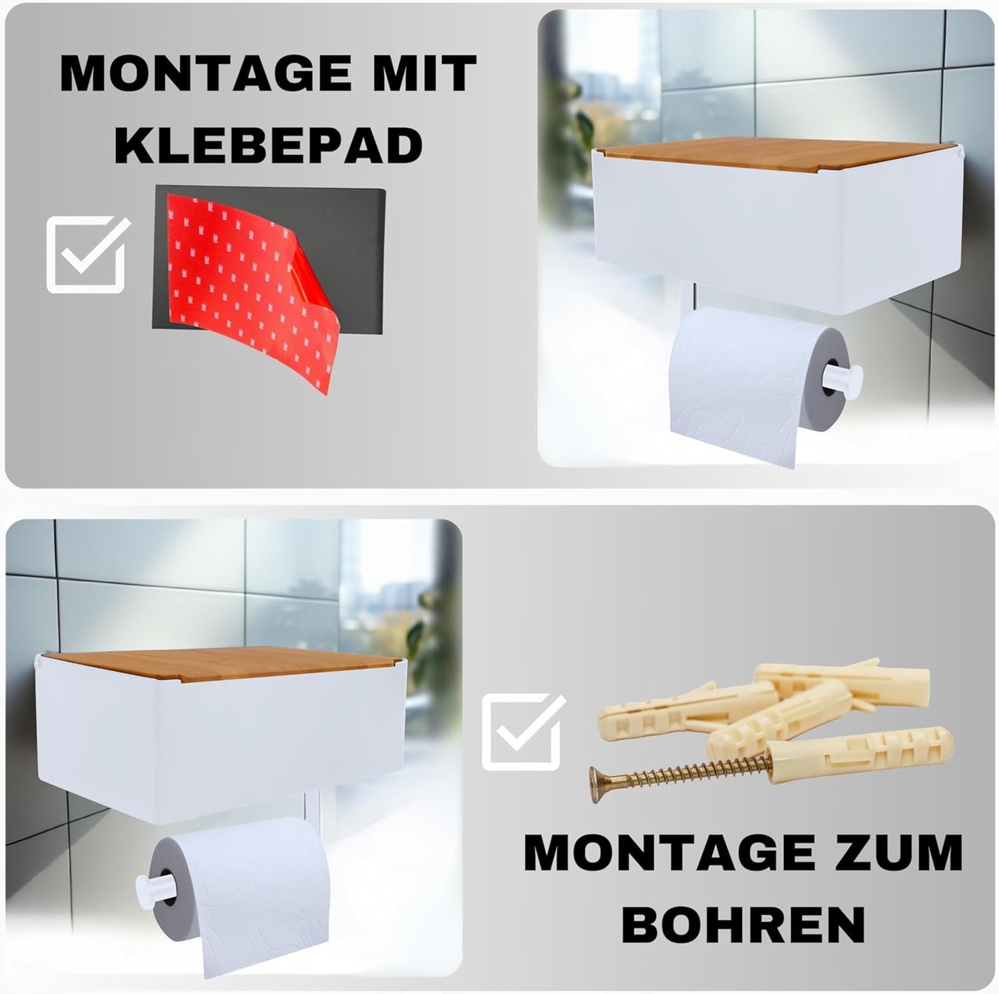 Toilettenpapierhalter mit Feuchttücherbox, Weiß-bambus