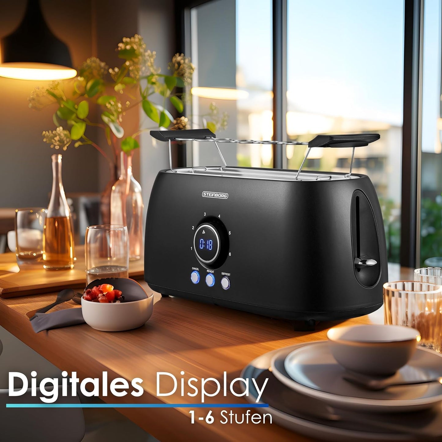 Langschlitztoaster mit Brötchenaufsatz, Schwarz