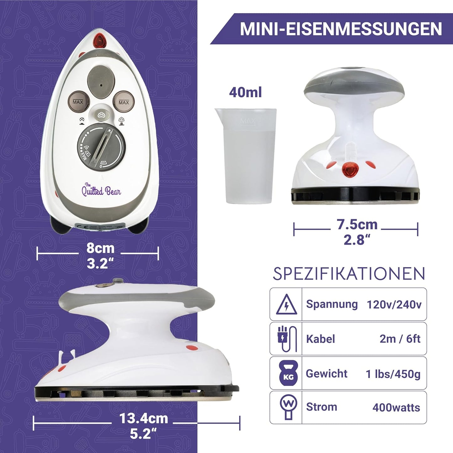 Reisebügeleisen, Mini Fer - Fer avec boîtier Rosa