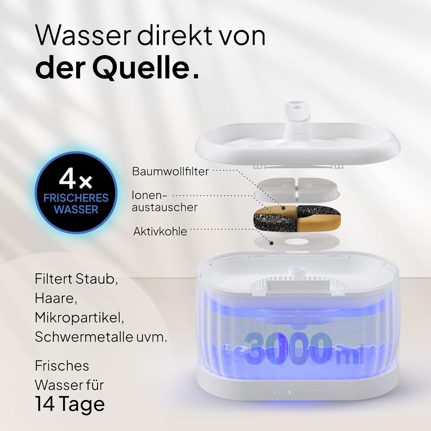Kabelloser Katzentrinkbrunnen mit Bewegungssensor, 3L, Weiss 3L