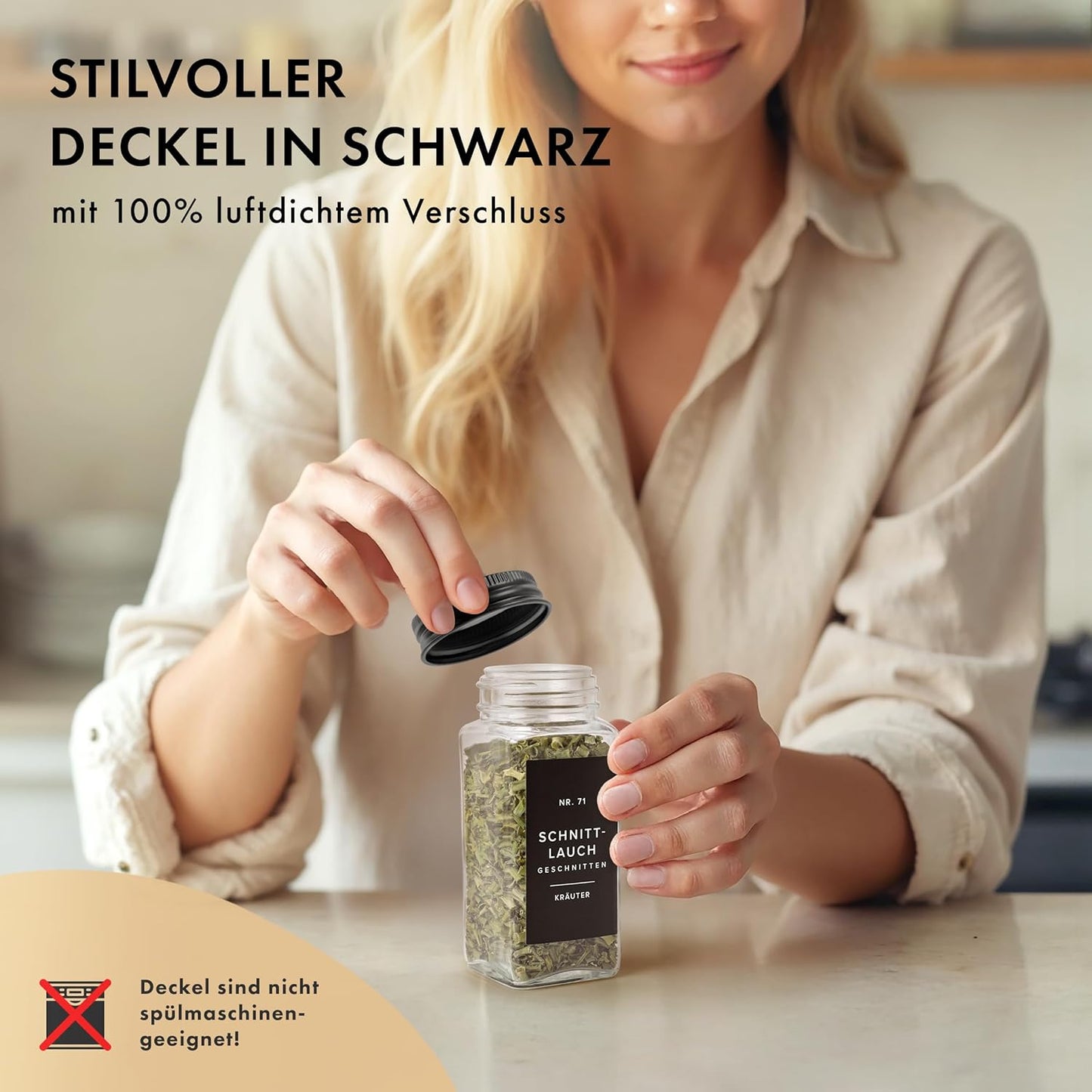24 x Gewürzgläser-Set mit Deckel, Etiketten, Streueinsätzen und Trichter, 24x Gewürzgläser mit Schwarzem Deckel