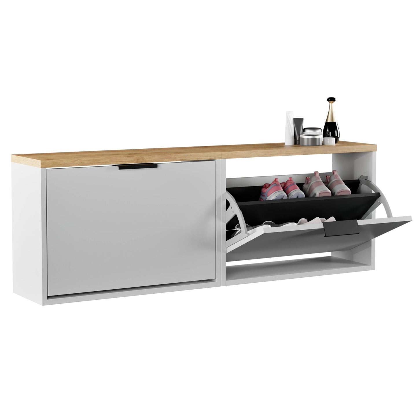Schmaler Schuhschrank mit Klappen (2er-Set), 2x 1 Klappe Weiss-grau
