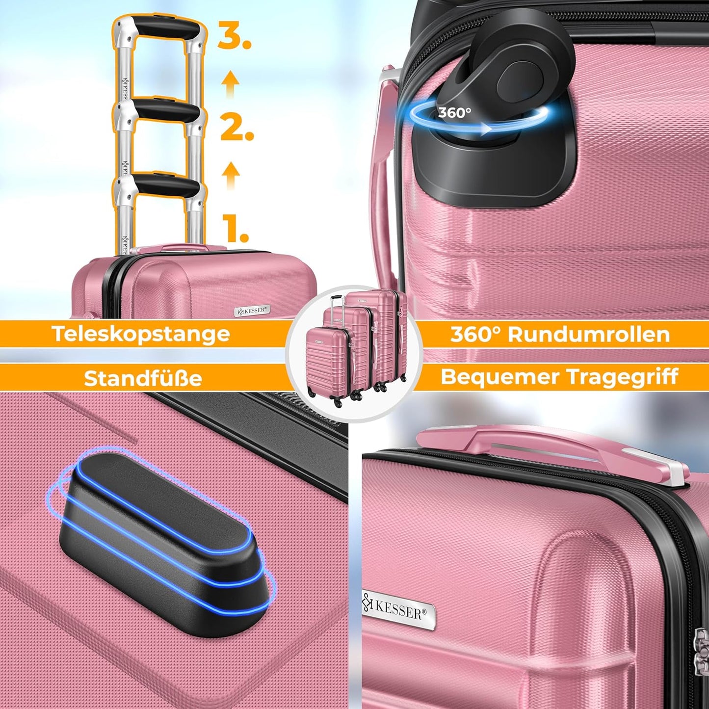 Hartschalenkofferset mit Trolley & Zubehör (4-teilig), Rosa