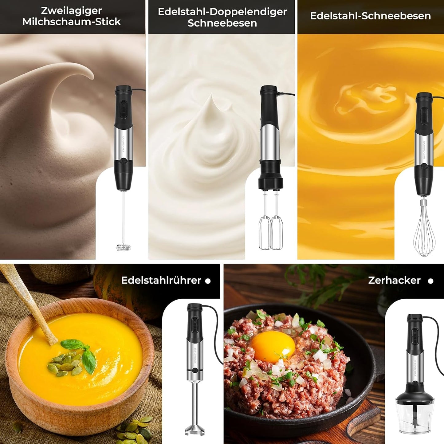 Stabmixer Set 6-in-1 mit Turbofunktion (1200 Watt), 6-in-1 Stabmixer