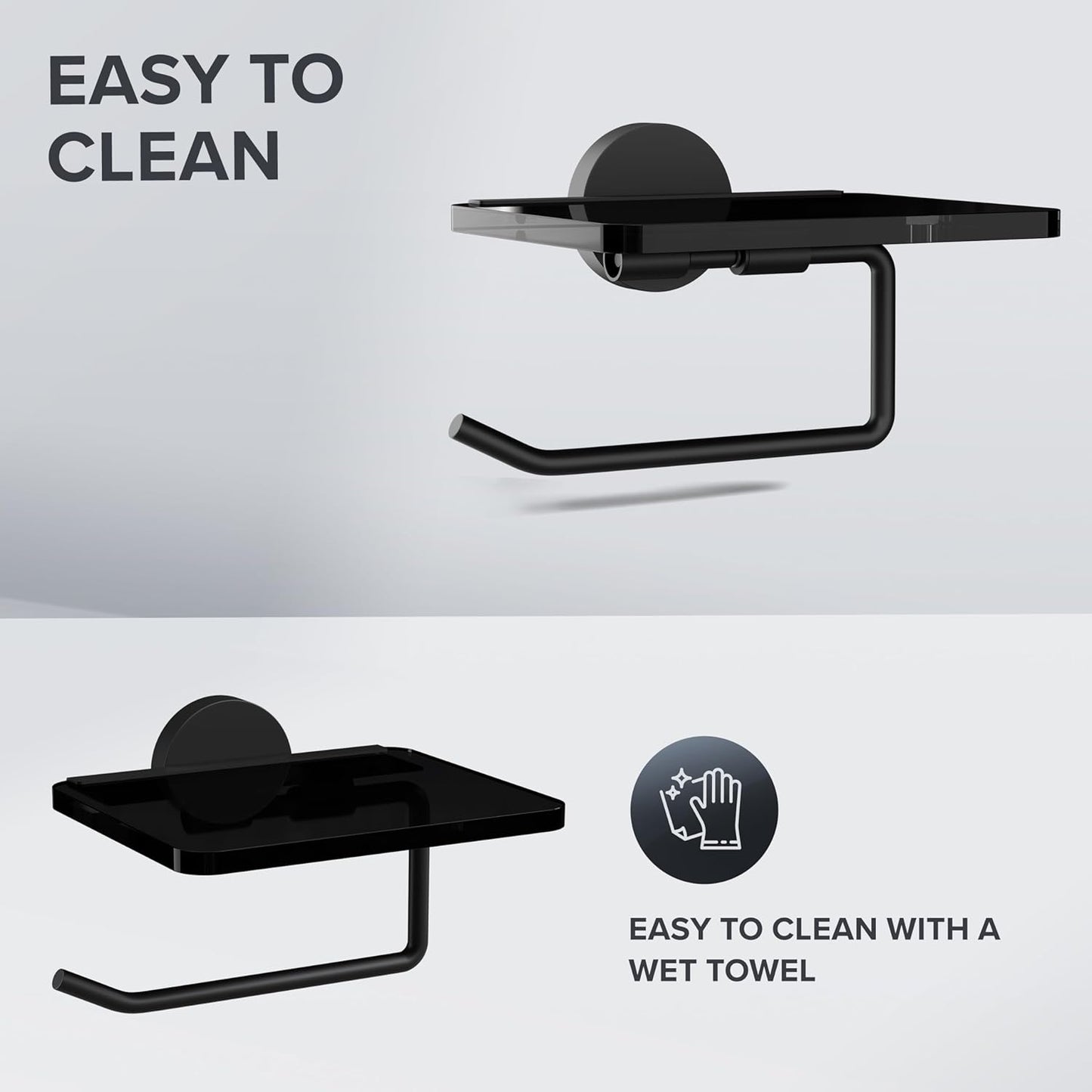 Toilettenpapierhalter mit Glasablage, Schwarz Pour le perçage
