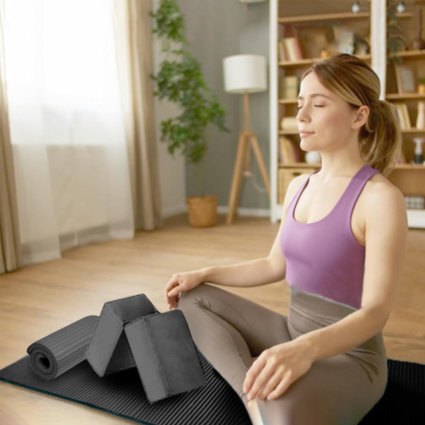 Yoga-Set mit Matte, Blöcken und Zubehör, Schwarz