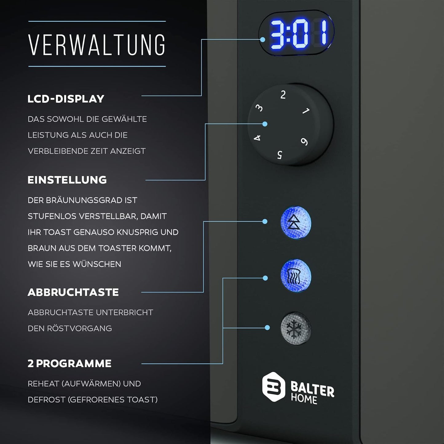 Toaster mit Langschlitz und LCD-Anzeige, Grau