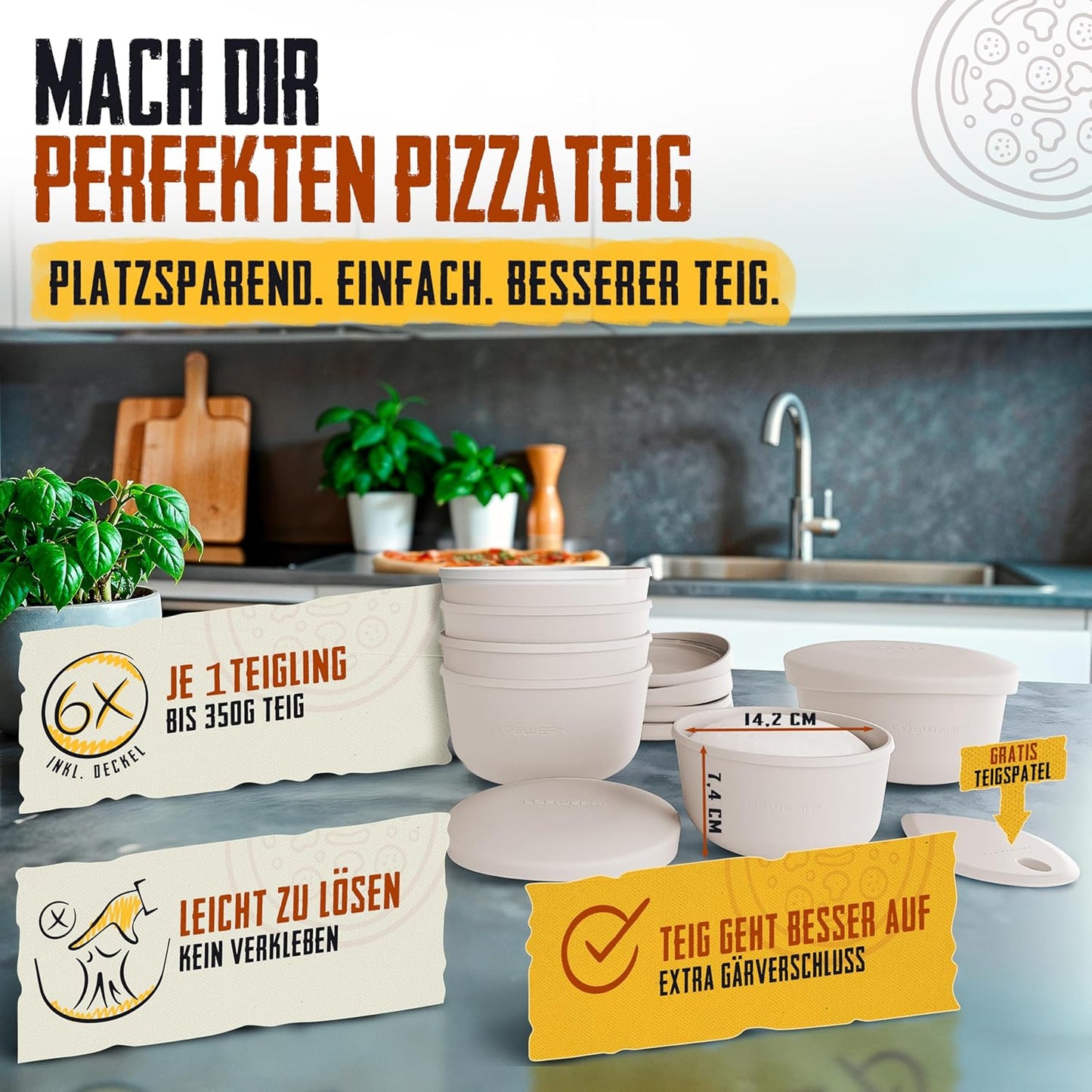 6er-Set Pizzaballenbox mit Deckel und Teigspatel, 6er Set - Grau + Teigspatel