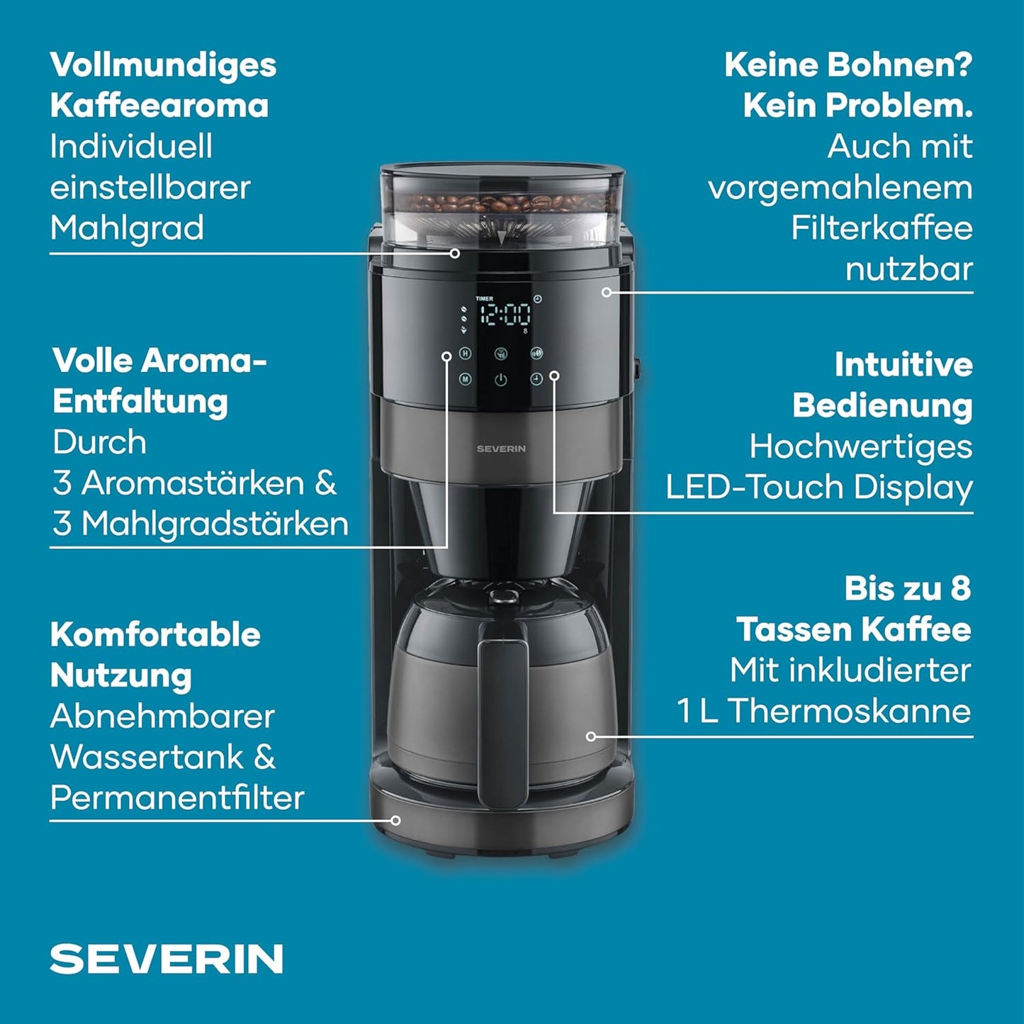 Filterkaffeemaschine KA4831, 8 Tassen (Thermokanne) Dark Inox, Schwarz