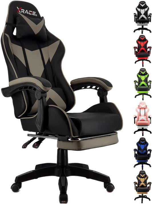 Ergonomischer Gaming-Stuhl mit Lendenwirbelstütze und Fussstütze, Grau