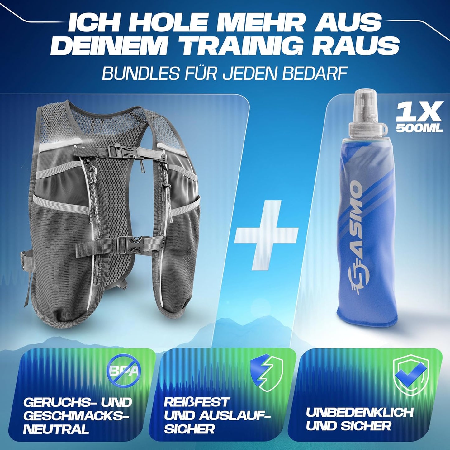 Ultraleichte Laufweste mit Trinksystem, 5L - grau - mit 1x500ml 5L