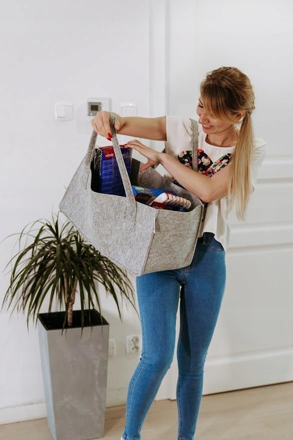 2er-Set Filztaschen für Kaminholz und Zeitungen, Hellgrau