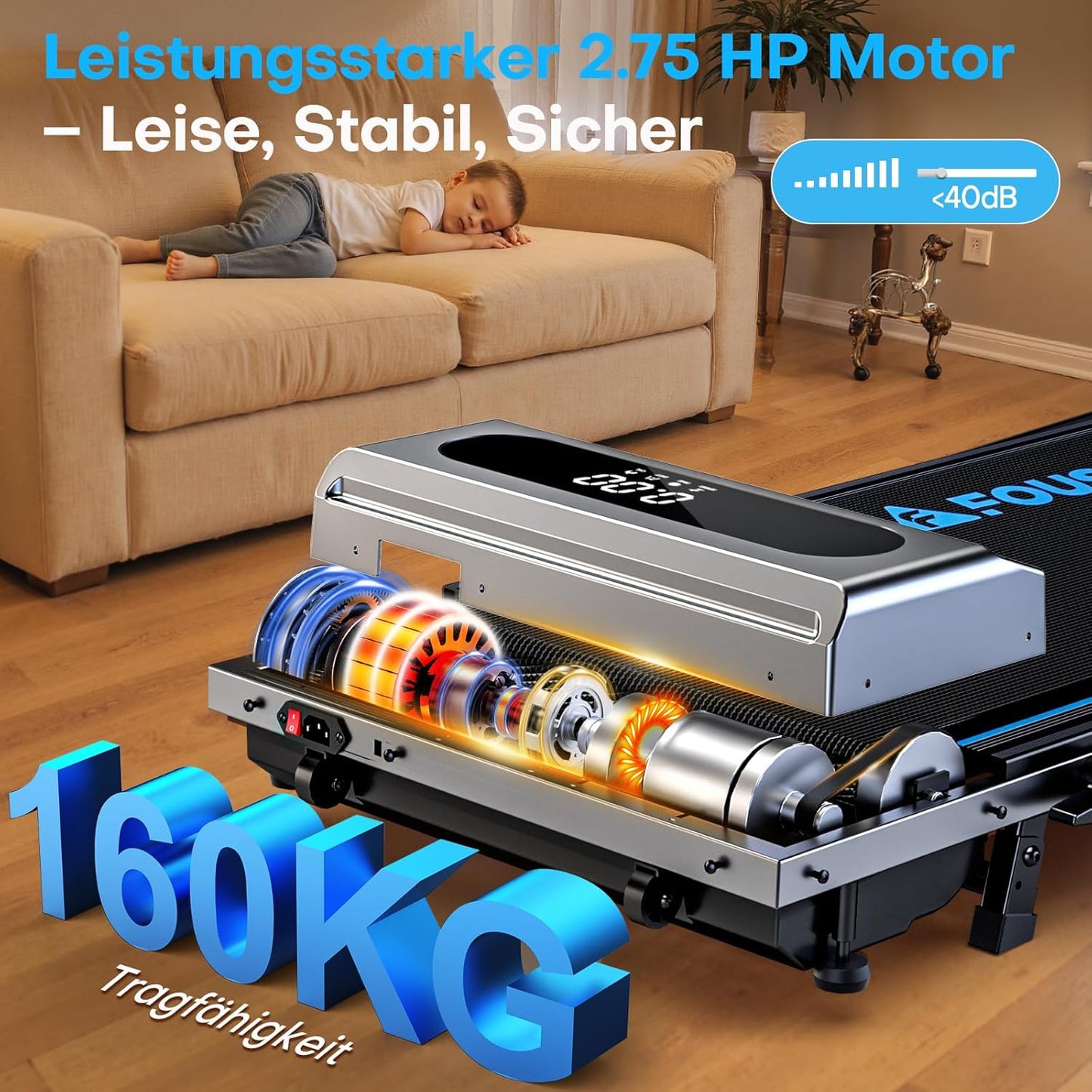 5-in-1 klappbares Laufband mit Steigung und App, Silber blau