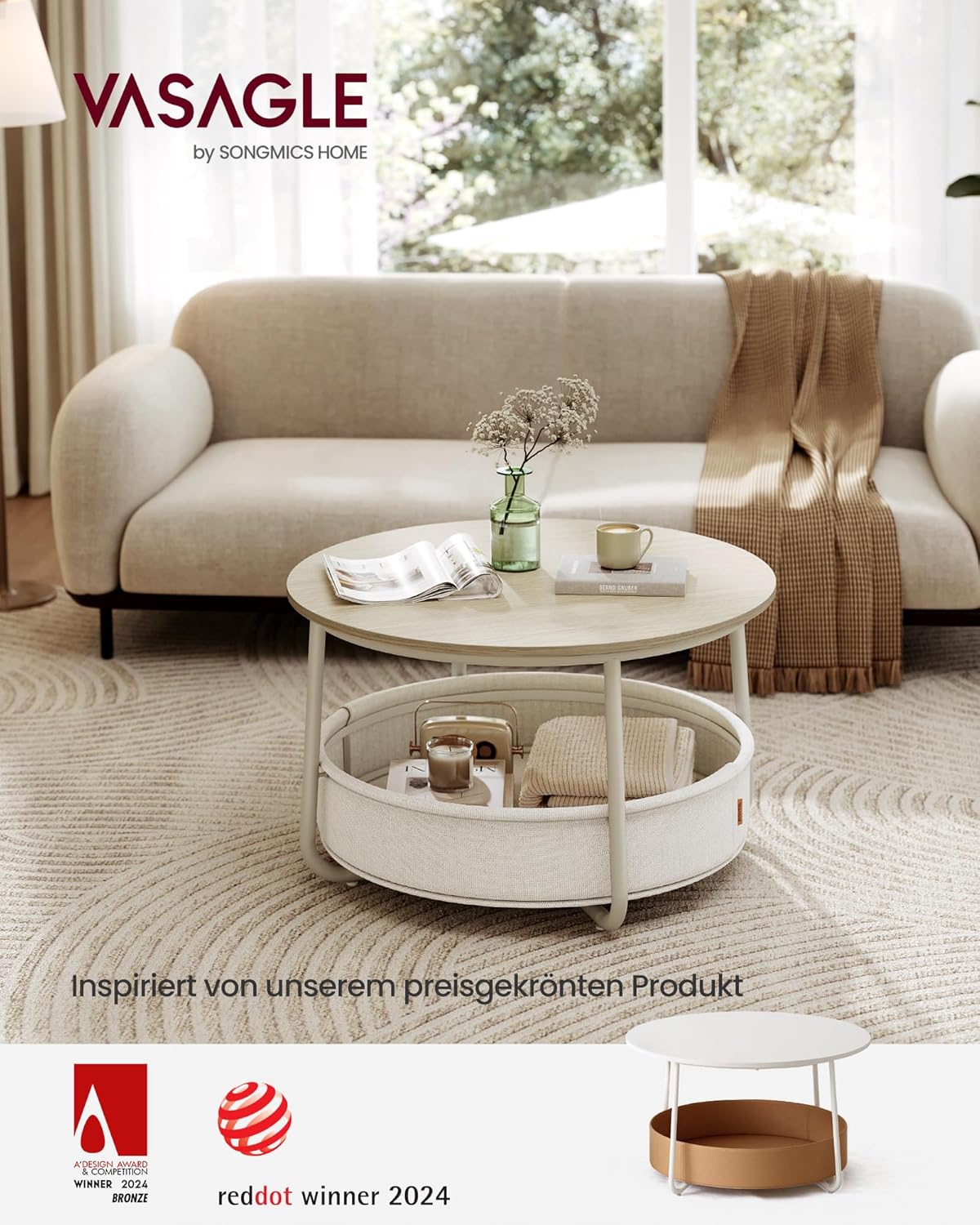 Runder Couchtisch mit Stauraum und Stoffkorb, Naturbeige + Cremeweiss rund
