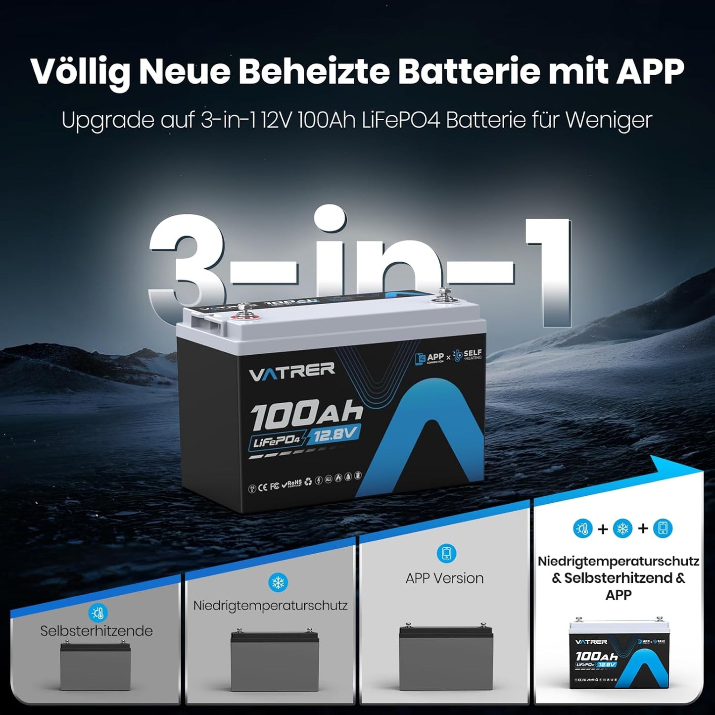 LiFePO4 12V 100Ah Lithium-Akku mit Bluetooth, 12V100Ah Selbsterwärmung